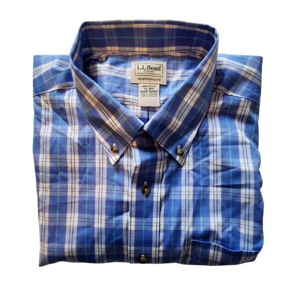 L.L. Bean Plaid Button-down Shirt, Traditional Fit Light Blue Long Sleeved Sz XL - Picture 5 of 12
